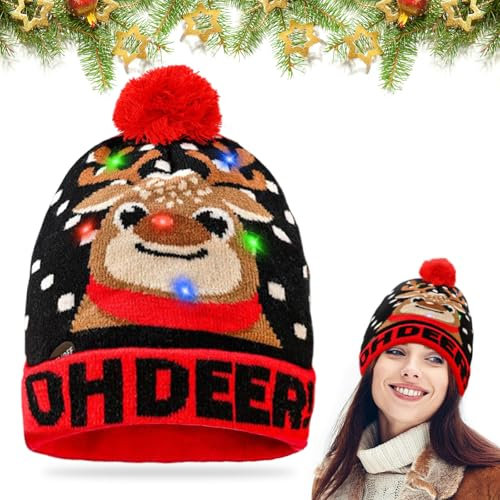 LED Weihnachtsmützen, Unisex-Weihnachts Mütze, Warme Mütze mit Licht Kinder, Strickmütze, Elchdekoration Mütze, Nikolausmütze, Einheitsgröße, Winter Schnee Hut für Weihnachtsfeier Familienfeiern