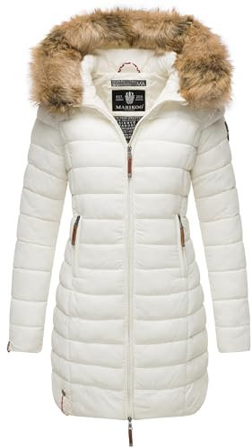 MARIKOO Damen Wintermantel warmer Steppmantel lang mit Kapuze und abnehmbarem Kunstfell-Kragen Rose Off White Gr. M