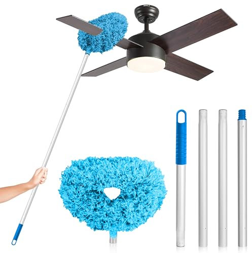 DRQ Ceiling Fan Cleaner Duster, Reusable Microfiber Duster with Extension Pole, 13 to 48 Inch Fan Blade Cleaner, Removable Dusters for Cleaning Walls Bookshelves Door Window Top (Blue)
