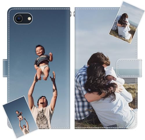 JGOYGYI Personalisierte Leder Handyhülle kompatibel mit iPhone SE (2022),Individuelle Eigenem Foto Bild Text Bildern Foldable Flip Klapphüllen Case hülle+Handykette