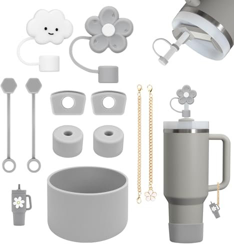 11Stück Stanley Cup Zubehör, inklusive 6 Stanley Cup Auslaufschutz, 2 Strohhalm Abdeckung, 2 Anhänger Zubehör, 1 Silikonhülle für 1,2l und 850 ml Stanley Cup Accessories (Grau)