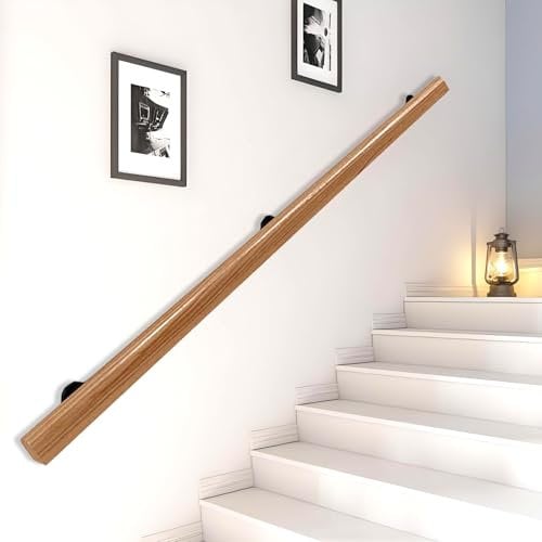 Wooden Stairs Banister Handrail, Non Slip Round Stair Railings Support Rod, Wood Hand Railing with Bracket Stair Grab Bar Kit, Staircase Handrails with Grab Rail Complete (Wood, 450cm)