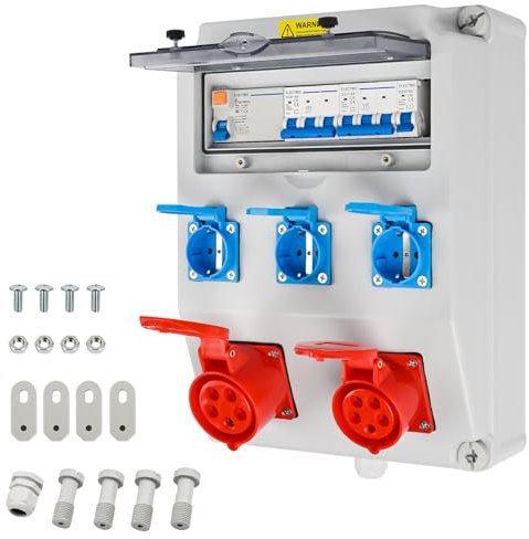 TEOV Baustromverteiler Wandverteiler mit 1P/3P C16A/C32A Leitungsschutzschalter und 4P 40A FI, IP44 CEE und Schuko-Steckdose 16A Wandverteiler Stromverteiler für Innen und Außen