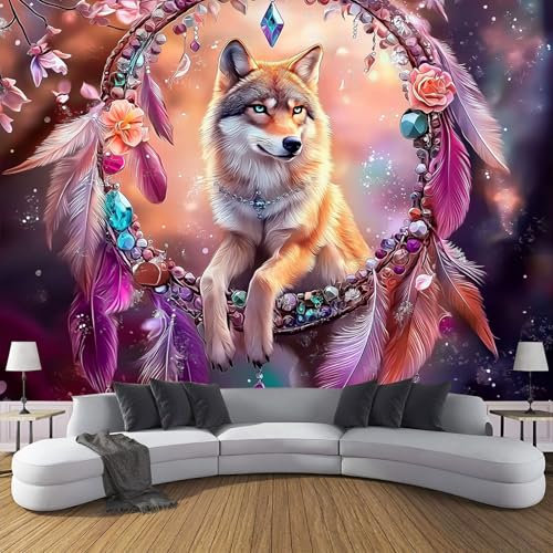 MIATCENRT Dreamcatcher Wolf Wall Mural Photo Wallpaper, Dream 3D Printed Mural, Murals Wall Art Print for Bedroom Living Room Dining Room Home Decoration 250X175Cm (Wxh)
