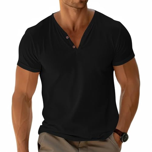 Herr Henley Basic T-shirt T-shirts kortärmad toppar casual skjorta bomull knapp V-ringad lättviktig