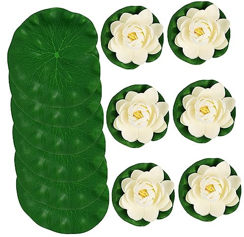 PRETYZOOM Schwimmende Künstliche Lotusblüten und Seerosenblätter Geruchsfrei 12 Stück mit Lebensechtem Design aus Pu als Deko für Teich im Garten und Aquarium