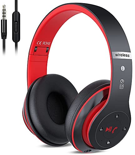 Bluetooth Headphones Over Ear, 6 EQ Modes Wireless Headphones Over Ear, 60 Hours Playtime Foldable Lightweight Wireless Headphones, with Built-in HD Mic, Black Red