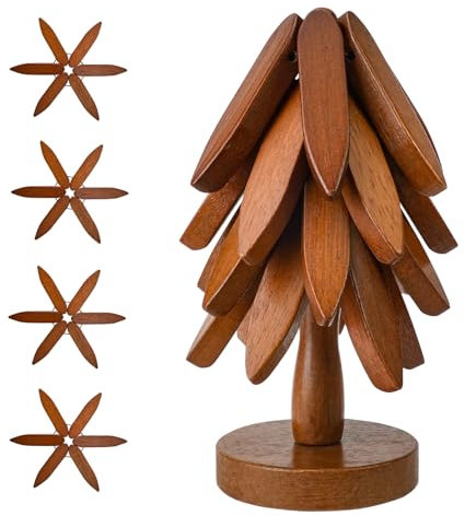 CRITIVE-S 4 Wooden Trivets for Hot Dishes with 1 Stand, Table Insulation Mat for Pans Pots Bowl Cups Heat Resistant Pads for Kitchen Table, Easy Stored Like a Christmas Tree (Walnut Wood)