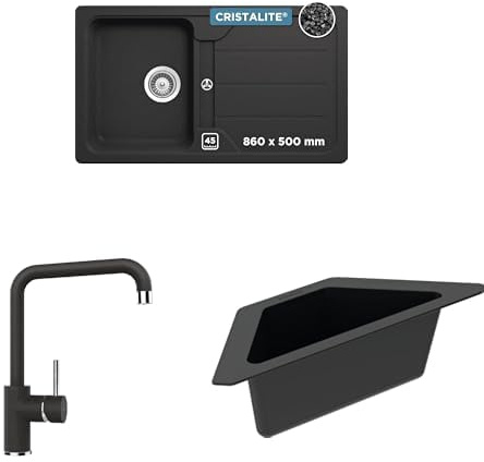 SCHOCK® Küchenspüle Formhaus D-100 Onyx 86x50 cm - CRISTALITE® Schwarz | Küchenarmatur FONOS Onyx – Hochdruck Armatur mit Festauslauf | Eckschale in schwarz I Spülbecken Zubehör aus Kunststoff