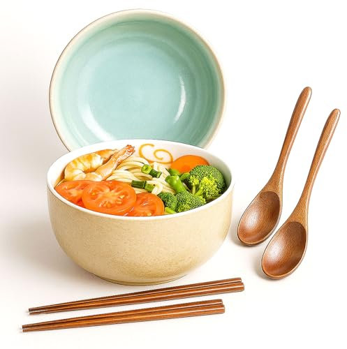 Lot de 2 bols à ramen japonais en céramique, 1100 ml, bols à pho avec cuillère et baguettes, adaptés comme bols à céréales, dessert, soupe et riz (blancs)