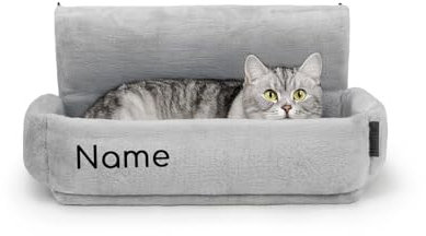 lionto Katzenheizungsliege mit kuscheligem Plüschbezug, Katzenbett zum Einhängen mit Metallhaken für alle gängigen Heizungen, waschbare und gemütliche Katzenhängematte, hellgrau (Namensaufdruck)