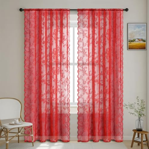 YKAFADE 2 Stück Spitze Vorhang Gardinenschal Blumen Muster Gardinen Transluzente Vintage Romantisch Dekoschal Ösenvorhänge Tüllvorhänge Fensterschal für Wohnzimmer Schlafzimmer -150x250cm(BxL),Rot