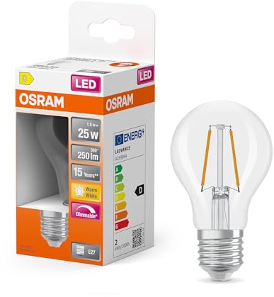 Osram LED-Lampe Superstar A 25 Kolbenform Filament DIM 1,8W | LED Superstar Classic A 25 Filament DIM, LED Lamps, klar, 60 mm dia, 15000 h, 1-Pack
