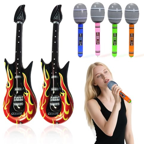 SAIIURV 6 Piezas Instrumentos Hinchable, Guitarra Hinchable, Microfonos Inflables, Inflables Rock Star Toy Set, Accesorios para Fotos de Actuación, Fiesta Temática, Carnaval (Multicolor)