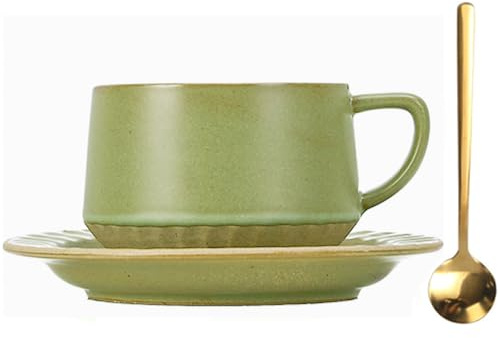 Quyimy Ceramic Coffee Mug Sets Tea Cup and Saucer Set, Porcelain Espresso Coffee Cup with Saucer and Golden Spoon, Valentines Mothers Birthday for Friend,300ml/10.5oz, Light Green