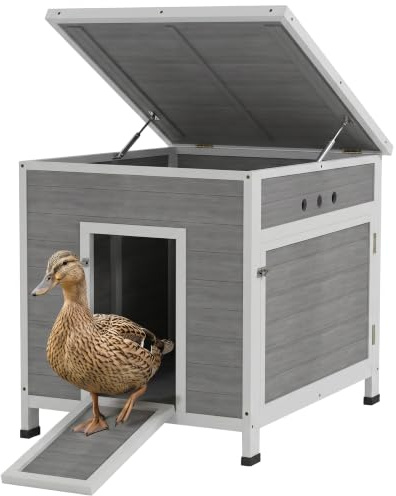 PawHut Wooden Duck House Raised Poultry Coop for 2-4 Ducks Light Grey | Ramp, Double Doors, Openable Asphalt Roof, Ventilation Holes, Removable Base, for Chickens, Geese