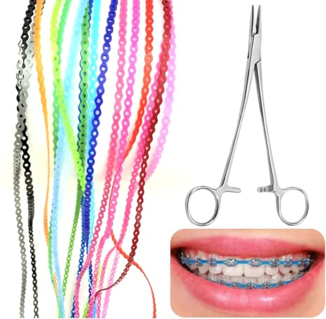 2BDENT Paquete de 20 cadenas de potencia coloridas (continuas) para aparatos ortopédicos, bandas elásticas de ortodoncia de 20 cm con alicates, cadenas de repuesto DIY para adolescentes y adultos