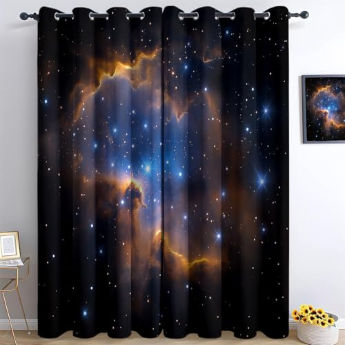 245 x 140 cm Wohnzimmer-Vorhänge mit exklusivem 3D-Druck, 2er Set Verdunkelungsgardinen, Sterne des Kosmischen Nebels Blickdichter Thermo-Vorhang, Pflegeleicht, für Mädchen Jungen, Schwarz