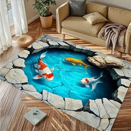 USHIRUG Koi-Fisch Teppich, 100x150cm, 3D-Illusion Felsrisse Teich Unterwasser Tiere Fische Druckteppiche, Rutschfester, Waschbarer, Tier und Kinderfreundlicher Teppiche für Schlafzimmer, Spielzimmer