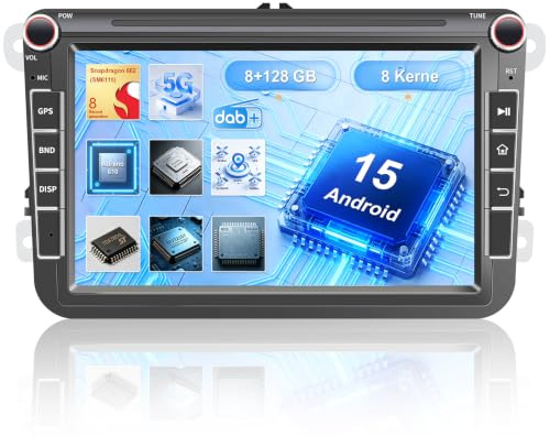 Qiiken 8 Zoll Android 15 8+128G Autoradio mit Qualcomm Chip Bildschirm für Golf 5 Golf 6 VW T5 VW Polo 6R Golf Plus VW T5 Radio mit GPS-Antenne Canbus,Unterstützung DAB, DVR, CVBS, TPMS, DSP