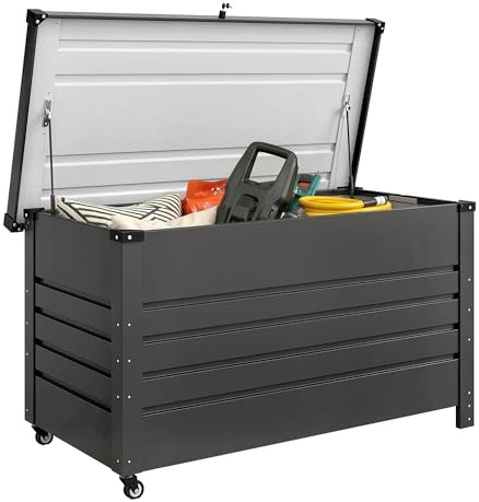 Outsunny Baule da Esterno da 350L in Acciaio Rinforzato, Baule da Giardino con Coperchio Bloccabile, Pistoni a Gas, Ruote e Maniglie Laterali, Contenitore da Esterno per Giardino Patio Piscina, Grigio