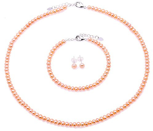 JYX - Collier de perles Set 4-5mm collier de perles de culture d'eau douce rose Bracelet et boucles d'oreilles ensemble de bijoux