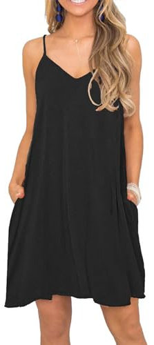 MISFAY Schwarzes Sommerkleid Damen Spaghetti Trägerkleid Lässiges Minikleid mit Taschen 2XL