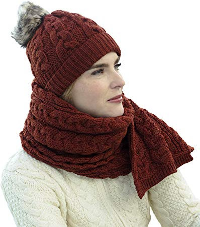 Aran Crafts Damen Irish Zopfstrickmütze mit weichem Bommel und Kunstfell, 100 % Merinowolle, Sienna, Einheitsgröße