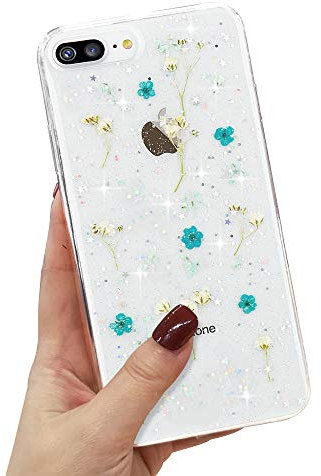 LCHULLE Hülle Kompatibel mit iPhone 6, iPhone 6S Handyhülle Blumen Transparent Hülle Echt Getrocknete Blumen Schutzhülle Silikon Case Flower für iPhone 6/6S Grün
