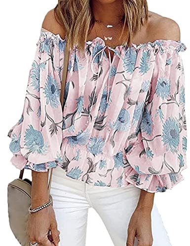 Onsoyours Chemisier Femme Epaule Dénudée Grande Taille Blouse Haut Sexy Top Epaule Nu Chemisier Col Bandeau Tee-Shirt Imprimée Fleurie Fluide Chic Tops A Rose XXL