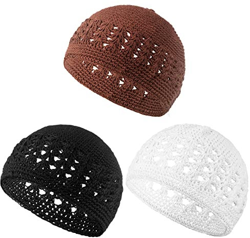 Kufi Hut für Herren, Strick Kufi Mütze, Häkel Beanie, Skull Beanie für Herren und Damen., Schwarz, Weiß, Braun, Einheitsgröße