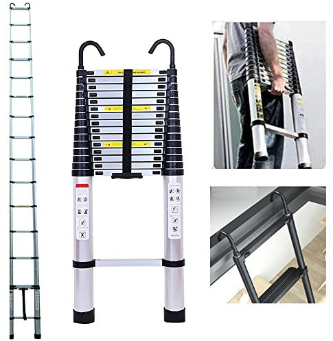 Scala telescopica in alluminio, 6,2 m, pieghevole, allungabile, con 2 ganci, antiscivolo, portata 150 kg, EN131, argento …