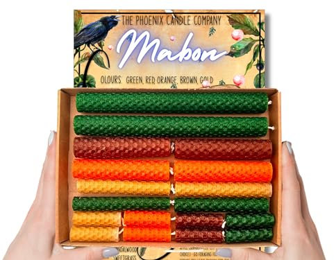 Phoenix Candle Company Mabon Bienenwachs-Altarkerzen-Set mit Mabon-Führer und Rad des Jahres, 18 Stück, handgerollt