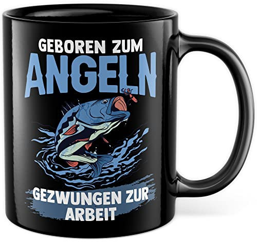 Tasse Angler, Geboren um zu Angeln - Gezwungen zur Arbeit Geschenk Geschenkidee Fischer Bürogeschenk Kaffeetasse mit Spruch lustig Kaffee-Becher (Schwarz)