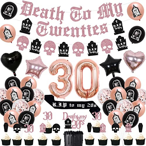 Cheereveal 30. Geburtstag Dekorationen Schwarz und Roségold, Death To My 20s Party Supplies with Banner Cake Topper Rip to My 20s Sash Number 30 Folienballon for My Youth Funny Thirty Birthday Party