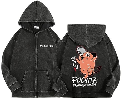 Men's Women's Washed Vintage Aged Zip Hoodie Sweatshirt Anime Chainsaw Man Hoodie Harajuku Sweatshirt Chainsaw Man Outfits