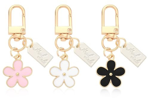 Andibro Lot de 3 porte-clés esthétiques en forme de fleur pour femme, mini porte-clés pour sac à dos, sac à main, accessoires pour femme et fille, Noir, blanc, rose., S
