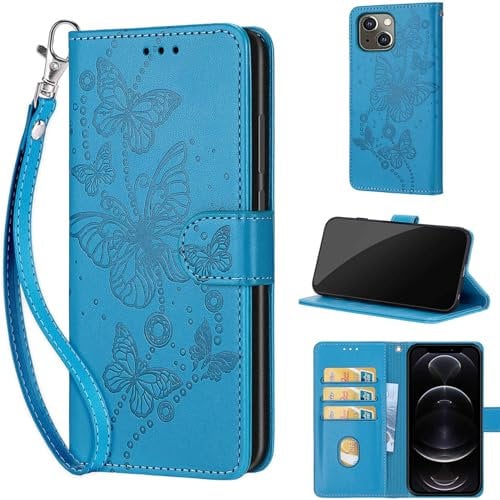 Embossed Premium PU Leather Folio Flip Notebook Wallet Case for iPhone 13/14 - Kickstand, Magnet Closure, Card Slots - Blue Butterfly
