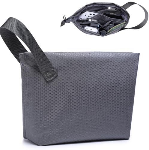 HYZUO Bolsa Organizador Cables Viajes, Tech Pouch Portátil con Asa, Estuche de Accesorios Electrónicos Gadgets, Bolsas Pequeña Organizadora para Cargadores, Cables, Hub USB, Tarjetas, Gris Especial