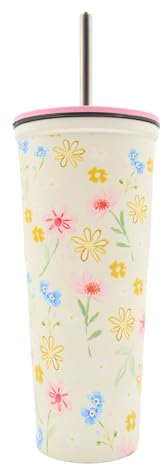 Hox 600ml Double Wall Stainless Steel Travel Soda Cup with Straw - Mixed Florals Pink