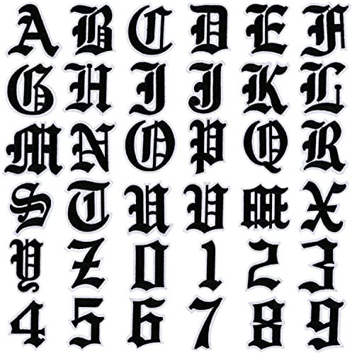 GOKEPO Gothic Iron On Letters Patch for Clothing A-Z 26 Varsity Letter Patches Old English Letters 0-9 Numbers for Clothing Number Badge Goth Iron On Patches Fabric Patches for Jeans Bags, Black