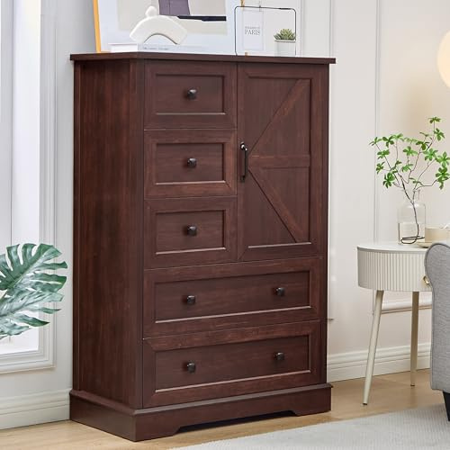 SOOWERY Farmhouse Dresser for Bedroom, Tall Chest of Drawers, Dark Cherry