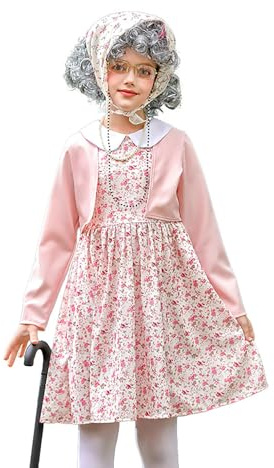FASLOLSDP Oma Perücke Grauer Old Lady Kostüm Set Kinder 2025 Großmutter Cosplay Zubehör mit Kopftuch, kleid, Jacke Oma Verkleidung Fasching Karneval Oma Verkleidung Cosplay Kostüm