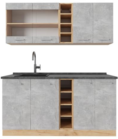 Vicco Singleküche R-Line, Küchenzeile Single, Beton/Goldkraft Eiche, 160 cm, AP Anthrazit