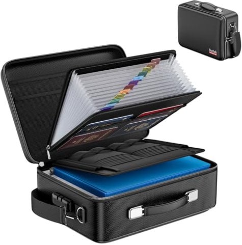 Fireproof Document Box,Hard Case Document Organiser with Lock,Portable Documents Storage Box,Fireproof Safe Document Bag for Important A4 Files,Valuables,Laptop,Passport,Home,Office and Travel,Black