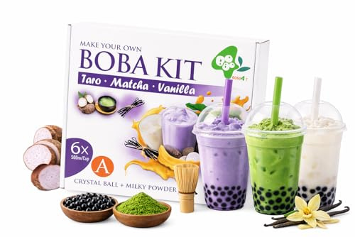 Bobo4T Bubble Tea Kit A – Komplett Set für 6 Drinks | Einzeln verpackt für maximale Frische | Taro, Vanille & Matcha Latte + Brauner Zucker Kristallkugeln