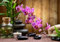 wandmotiv24 Fototapete Spa Steine Öl Bambus Rosa Orchideen, XXL 400 x 280 cm - 8 Teile, Wanddeko, Wandbild, Wandtapete, Wellness Kerze M4816