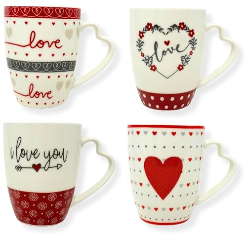 NAMAI - Lot de 4 Tasses à Café en Porcelaine, 8 CM x 10 CM, Original, Passe au Lave-vaisselle et au Micro-ondes, Mug Coeur, Couple (Rouge 3)