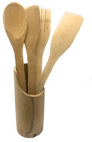 Vetrineinrete® Set di 4 mestoli in Legno con Paletta Cucchiaio spatola obliqua forchetta per mescolare con portamestoli Porta Utensili da Cucina E12