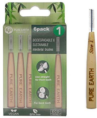 Pure Earth Essentials Brosses interdentaires en bambou - Brosse interdentaire biodégradable - Manche bio avec poils doux pour un nettoyage en profondeur entre les dents et les gencives (6 pièces,